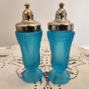 Vintage Colony Harvest Blue Satin Glass Salt and Pepper Shakers with Silver Tops
